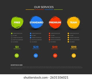 This image shows a modern business pricing table template for comparing different service plans. It includes grunge style elements and a clear layout for easy service plan comparison.