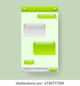 Esta Imagen muestra una interfaz de usuario de aplicación de chat móvil moderna con burbujas de mensajes y un esquema de color verde limpio