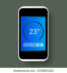Esta Imagen muestra una interfaz de aplicación móvil moderna para controlar la temperatura interior de la habitación utilizando un teléfono inteligente