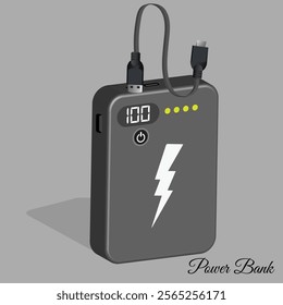 This image shows a modern power bank with a digital display indicating full charge (100%), a lightning bolt icon, and LED lights signifying charge levels. A USB cable is connected to the power bank.