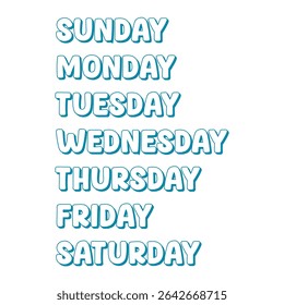 This image shows the names of the days of the week written in uppercase blue letters arranged vertically from Sunday to Saturday on a plain white background