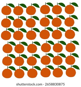 Esta Imagen muestra una cuadrícula ordenada de 42 naranjas de dibujos animados con hojas verdes, dispuestas en seis filas y siete columnas sobre un fondo blanco liso, creando un patrón vibrante y repetitivo.