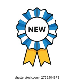 This image shows a new badge ribbon with yellow ribbons and a blue and white background. Featuring award, certificate, label