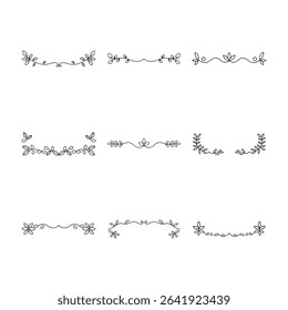This image shows nine different hand-drawn floral dividers and borders in black ink on a white background.