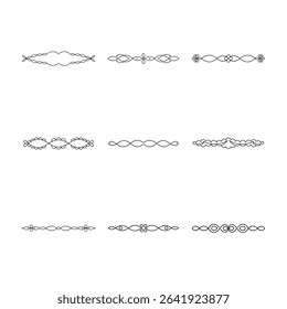 This image shows nine different black and white ornamental dividers and borders, each with unique and elegant designs.
