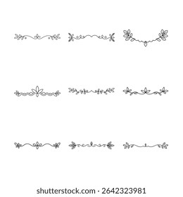 This image shows nine different hand drawn floral dividers or page decorations in black on a white background.