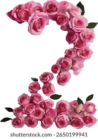 This image shows the number "2" formed by a collection of pink roses, with some leaves visible and arranged to create a visually appealing floral numeral.