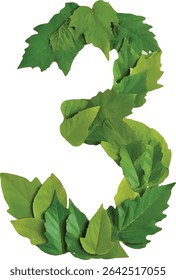 This image shows the number 3 formed by many green leaves, creating a natural and organic representation of the digit.