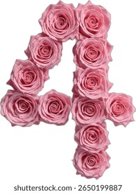 This image shows the number "4" formed by arranging numerous light pink roses in a visually appealing manner against a white background.
