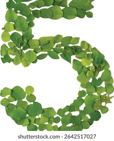 This image shows the number 5 created using many green leaves, arranged to form the shape of the digit.