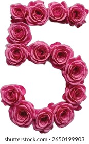 Esta imagem mostra o número "5" cinco criativamente formado usando um arranjo vibrante de rosas cor-de-rosa, cada rosa meticulosamente colocado para contornar a forma do numeral.