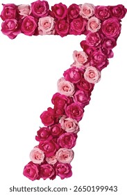 This image shows the number "7" seven artistically crafted using numerous pink and fuchsia roses, forming a visually appealing and elegant representation.