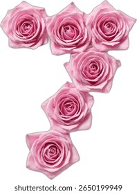 This image shows the number "7" seven formed by five pink roses, arranged to create the shape of the digit. The roses are detailed and appear to be in full bloom.