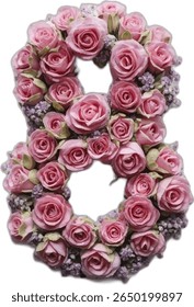 This image shows the number "8" crafted from numerous pink roses and small purple flowers, creating a beautiful and intricate floral arrangement.