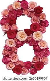 This image shows the number "8" eight creatively formed using a cluster of various shades of pink and red roses, creating a visually appealing and floral representation of the digit.