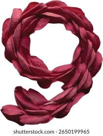 This image shows the number "9" nine created from dark red rose petals arranged artfully to form the number's shape, with some petals appearing to have water droplets on them.
