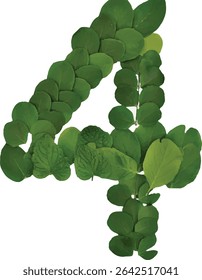 This image shows the number four created using various shades of green leaves, forming a unique and organic representation of the digit.
