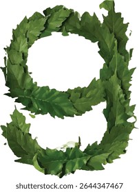 This image shows the number nine formed by a collection of dark green leaves, creating a unique and nature-inspired numeral.