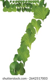 This image shows the number seven created by arranging various shades of green leaves to form the numeral.