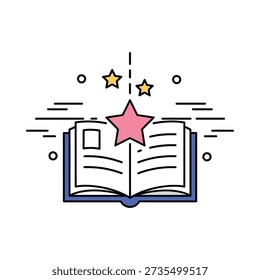 This image shows an open book with a pink star on top and two yellow stars floating above it, surrounded by lines and circles on a white background