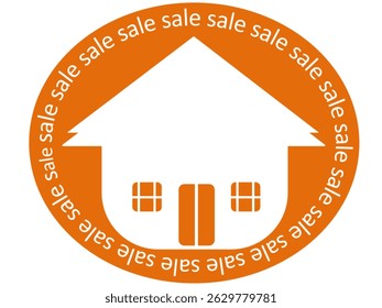 This image shows an orange circular badge with a white house icon in the center. The word "sale" is repeatedly written along the border, indicating a real estate or property sale promotion.
