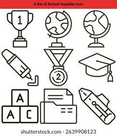 This image shows outlined icons of school and education supplies. The icons include a trophy, globe, pencil, medal, graduation cap, alphabet blocks, folder, and scissors.