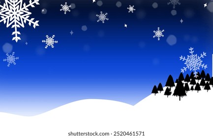 Esta Imagen muestra una tranquila noche invernal con copos de nieve que caen, colinas nevadas y pinos, evocando un ambiente festivo de Navidades
