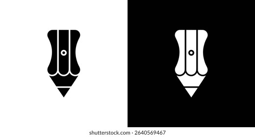 This image shows a pencil sharpener icon, represented in black on a white background and white on a black background. It is a simple graphic design element.