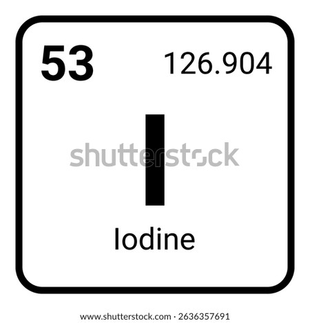 This image shows the periodic table representation of the chemical element iodine with its atomic number 53 and atomic weight 126.904 displayed in a simple black and white design.