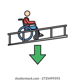 This image shows a person in a blue wheelchair with a red shirt using a metal ramp with railings, represented in a simple graphic style