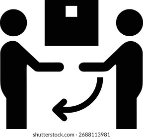 This image shows a person returning a package to another, indicated by an arrow. It represents a return, exchange, or reverse delivery. Isolated on white background.