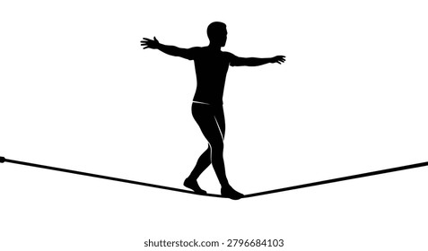 This image shows a person walking on a rope rendered as a solid black silhouette against a white background. The distinctive silhouette style emphasizes the form and balance of the