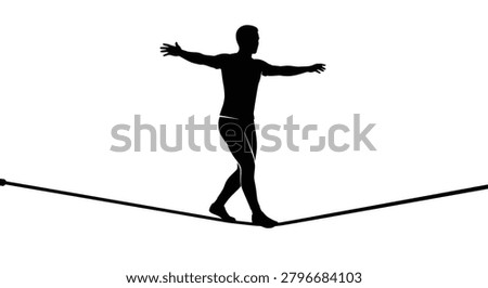 This image shows a person walking on a rope rendered as a solid black silhouette against a white background. The distinctive silhouette style emphasizes the form and balance of the