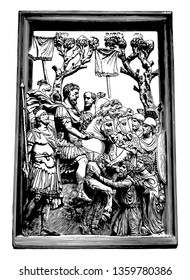 This image shows a picture. There is a king sitting on the back of the horse. Among the king there are many villages, vintage line drawing or engraving illustration.