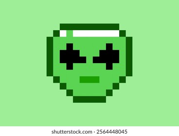 This image shows a pixelated alien with a green color. The face has black cross-shaped eyes and a small, darker green mouth.