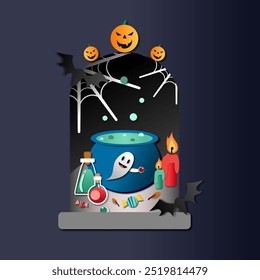 This image shows a playful Halloween scene featuring a bubbling blue cauldron with a friendly ghost, potion bottles, candies, and glowing candles. Above, carved pumpkins with spooky faces hover, while