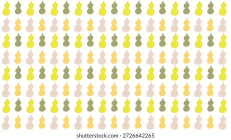 This image shows a playful repeating pattern of stylized gourd silhouettes in bright yellow, teal-dotted yellow, pale peach, and red-dotted peach, arranged in evenly spaced rows on a clean white background.