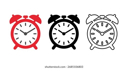 Esta imagem mostra um ícone vermelho do despertador, acompanhado por um despertador preto silhueta e um despertador básico com contorno, todos ajustados contra um fundo branco limpo.