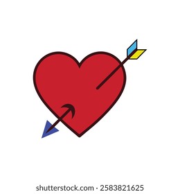 This image shows a red heart pierced by two arrows, one with a pointed blue tail and the other with a yellow and blue feathered end. The design is bold and playful, set against a white background