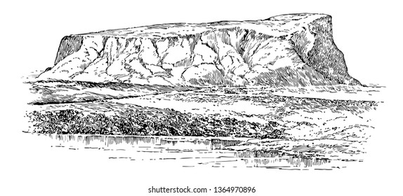 This image shows the remains of the ancient city. It looks like a hill. There is a water level on the hill, vintage line drawing or engraving illustration.