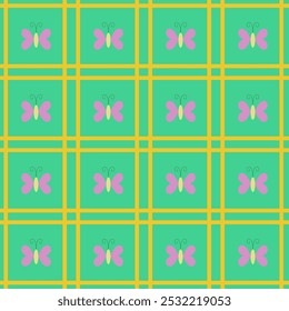 This image shows a repeating butterfly motif with pink wings inside a yellow grid on a green background.