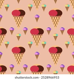 This image shows a repeating pattern of colorful ice cream cones on a light peach background.