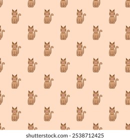 This image shows a repeating pattern of cute, cartoon-style brown cats with pink noses and cheerful expressions on a light peach background.