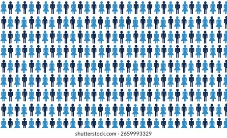 Esta imagem mostra um padrão repetido de ícones masculinos e femininos em tons alternados de azul. Provavelmente representa dados populacionais ou distribuição de gênero em um formato visual.