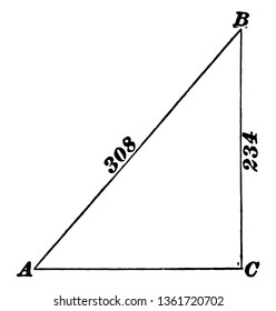 Dieses Bild zeigt das rechte Dreieck mit einer Seite des Dreiecks ist 234. Eine andere Seite ist nicht mehr als die Hypotonie von 308, Vintage-Linie Zeichnung oder Gravitation Illustration.