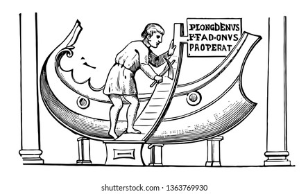 This image shows the Roman naval builder along with the ship. Work with the ship using tools, vintage line drawing or engraving illustration.