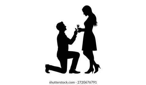 This image shows a romantic proposal scene, rendered with a striking black silhouette style.