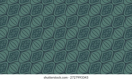 Esta imagem mostra um padrão geométrico de estilo batik perfeito de formas de losango entrelaçadas com pontos centrais, todos em tons variáveis de verde-azulado contra um fundo azul-azulado, transmitindo a elegância têxtil étnica tradicional.