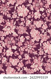 This image shows a seamless floral pattern with pink and white flowers and leaves on a dark purple background. The pattern is dense and repeating, giving a sense of fullness and texture. 