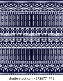 
Esta Imagen muestra un patrón textil geométrico sin costuras en azul oscuro y blanco, que se asemeja a la tela tradicional tejida o bordada. El diseño presenta filas de Formas repetitivas, que incluyen diamantes, cruces, motivos florales y barras de Vertical, creando un estilo étnico o cultural estructurado y decorativo. Tiene un aspecto artesanal, ornamental y simétrico adecuado para telas, Fondos de pantalla o fondos digitales.
